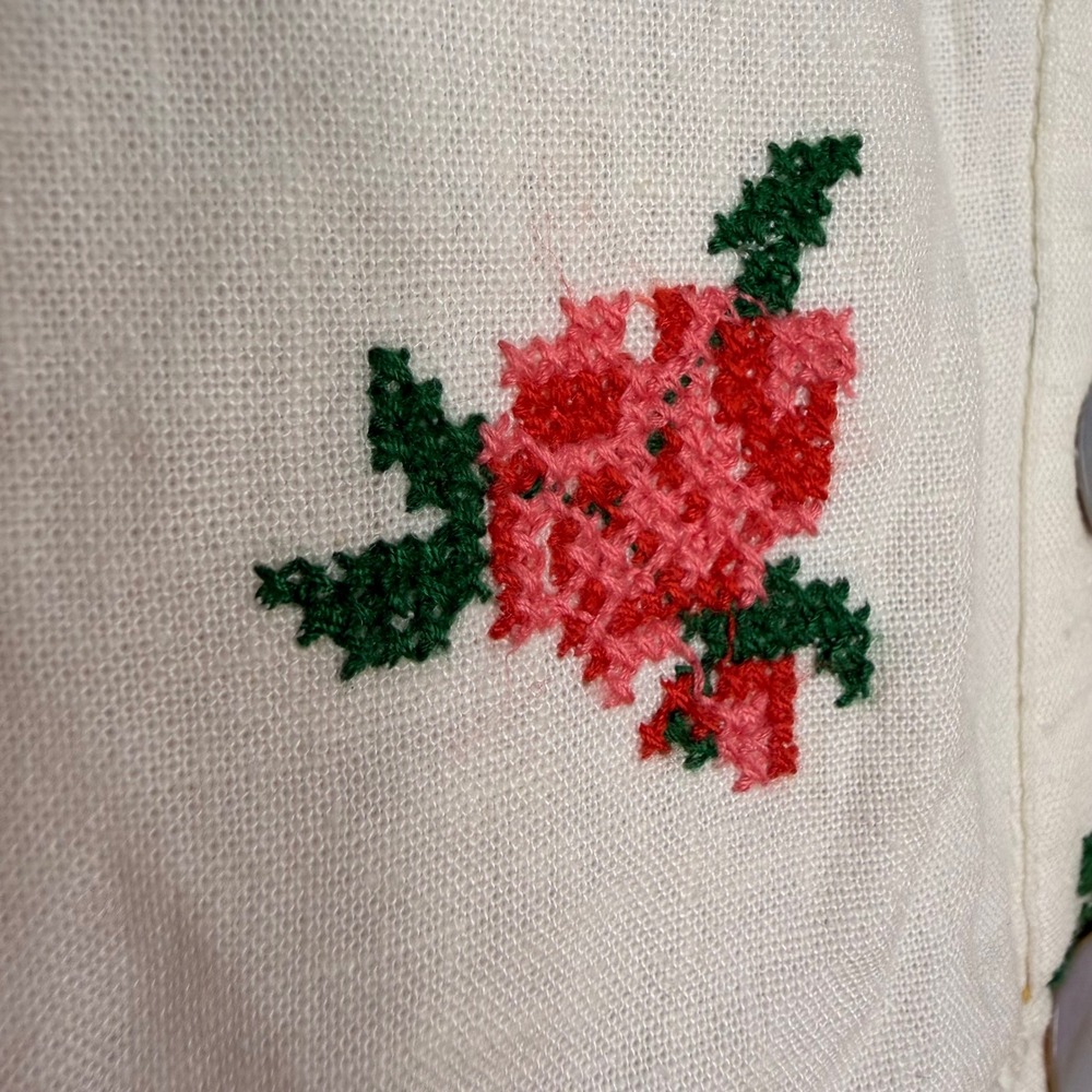 #11 FARM RIO Dress Sz. M PTP: 13" - 15" Floral Cross Stitch Linen Blend Crochet - Picture 9 of 11